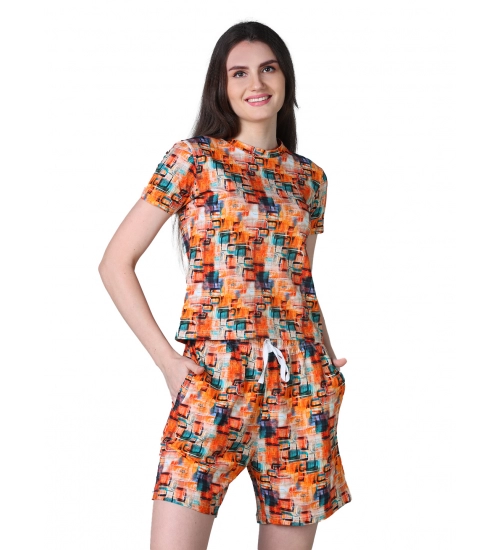 Generic Women's Cotton Blended Printed Round Neck Half Sleeve Top - Shorts Set (Orange)