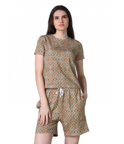 Generic Women's Cotton Blended Printed Round Neck Half Sleeve Top - Shorts Set (Beige)