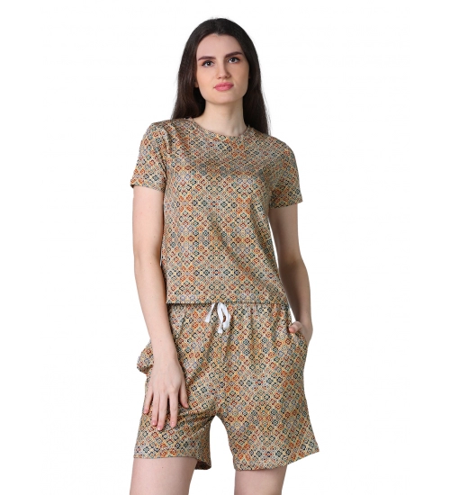 Generic Women's Cotton Blended Printed Round Neck Half Sleeve Top - Shorts Set (Beige)