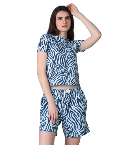 Generic Women's Cotton Blended Printed Round Neck Half Sleeve Top - Shorts Set (Blue)
