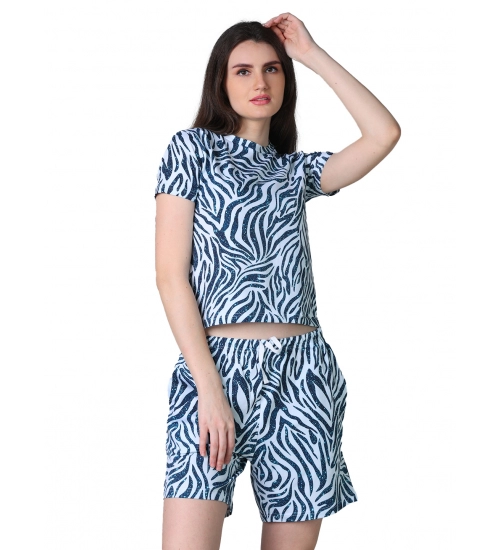 Generic Women's Cotton Blended Printed Round Neck Half Sleeve Top - Shorts Set (Blue)
