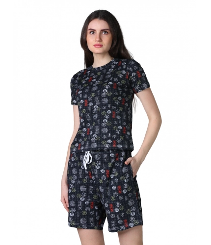 Generic Women's Cotton Blended Printed Round Neck Half Sleeve Top - Shorts Set (Black)