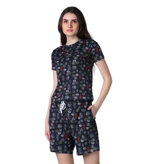 Generic Women's Cotton Blended Printed Round Neck Half Sleeve Top - Shorts Set (Black)