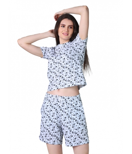Generic Women's Cotton Blended Printed Round Neck Half Sleeve Top - Shorts Set (White-Black)