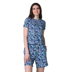 Generic Women's Cotton Blended Printed Round Neck Half Sleeve Top - Shorts Set (White-Blue)