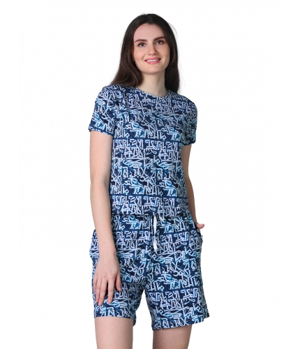 Generic Women's Cotton Blended Printed Round Neck Half Sleeve Top - Shorts Set (White-Blue)