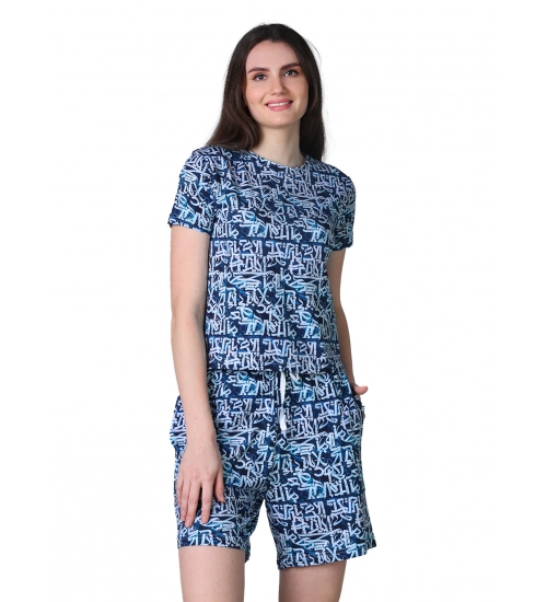 Generic Women's Cotton Blended Printed Round Neck Half Sleeve Top - Shorts Set (White-Blue)