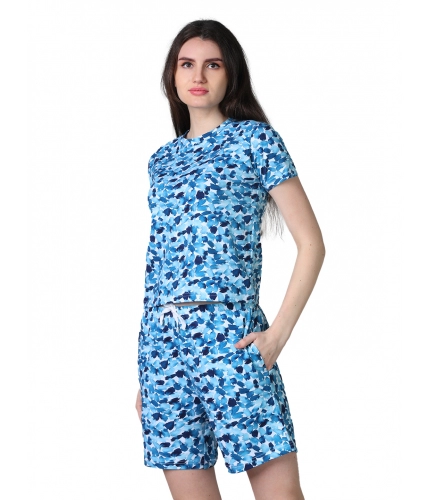 Generic Women's Cotton Blended Printed Round Neck Half Sleeve Top - Shorts Set (SkyBlue)