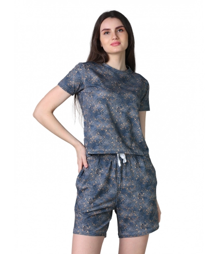 Generic Women's Cotton Blended Printed Round Neck Half Sleeve Top - Shorts Set (Blue)
