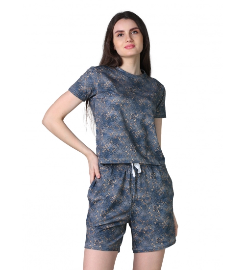 Generic Women's Cotton Blended Printed Round Neck Half Sleeve Top - Shorts Set (Blue)