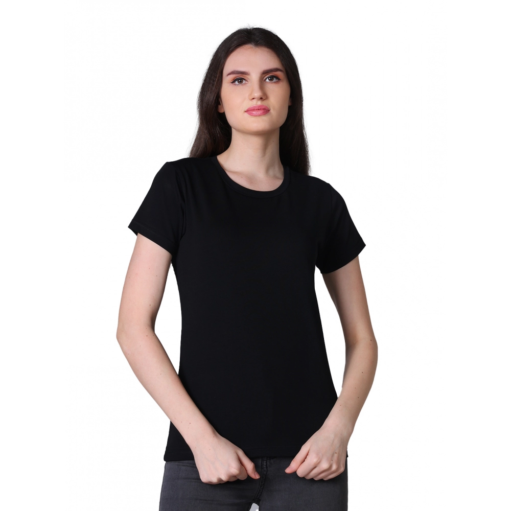 Generic Women’s Cotton Blended Solid U-Neck Half Sleeve T-Shirt (Black)