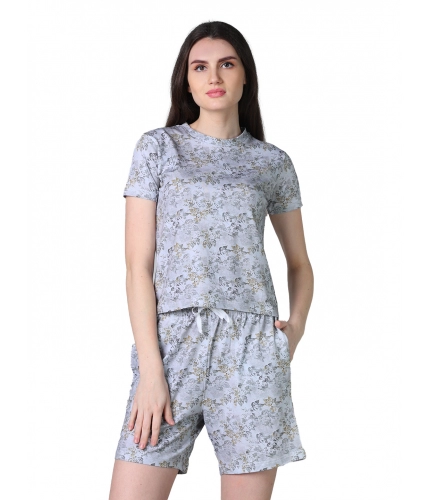 Generic Women's Cotton Blended Printed Round Neck Half Sleeve Top - Shorts Set (Grey)