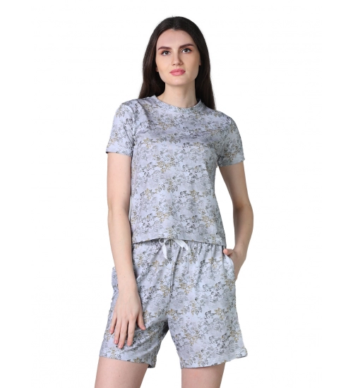 Generic Women's Cotton Blended Printed Round Neck Half Sleeve Top - Shorts Set (Grey)