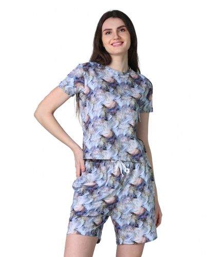 Generic Women's Cotton Blended Printed Round Neck Half Sleeve Top - Shorts Set (Blue-Peach)