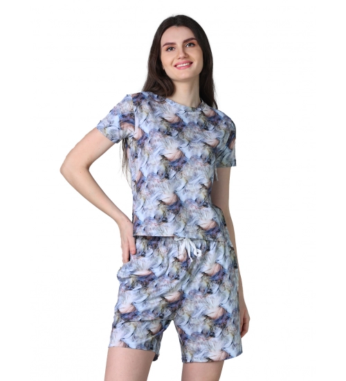 Generic Women's Cotton Blended Printed Round Neck Half Sleeve Top - Shorts Set (Blue-Peach)
