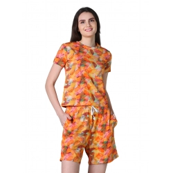 Generic Women's Cotton Blended Printed Round Neck Half Sleeve Top - Shorts Set (Yellow)