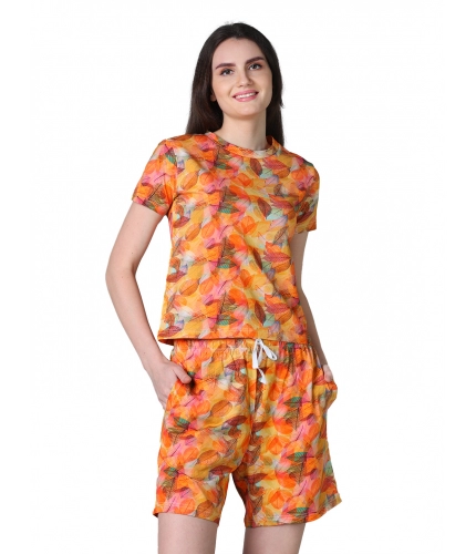 Generic Women's Cotton Blended Printed Round Neck Half Sleeve Top - Shorts Set (Yellow)
