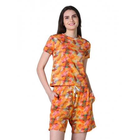 Women's Cotton Blended Printed Round Neck Half Sleeve Top - Shorts Set (Yellow)