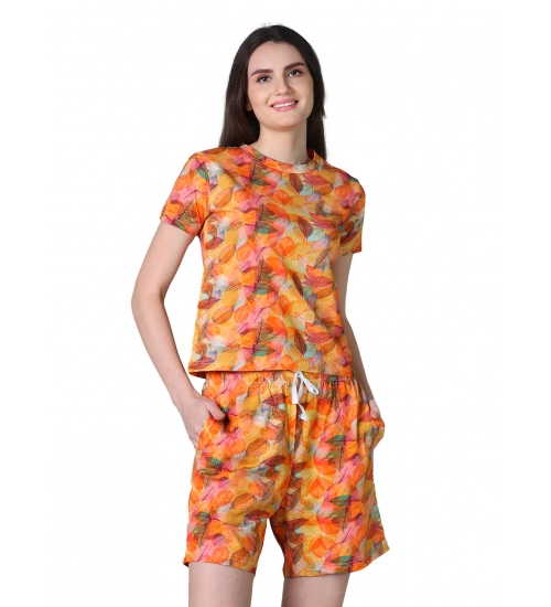Generic Women's Cotton Blended Printed Round Neck Half Sleeve Top - Shorts Set (Yellow)