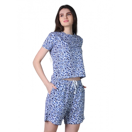 Generic Women's Cotton Blended Printed Round Neck Half Sleeve Top - Shorts Set (Blue)