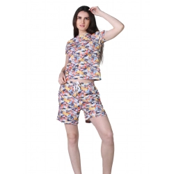 Generic Women's Cotton Blended Printed Round Neck Half Sleeve Top - Shorts Set (Multicolor)