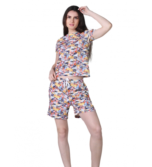Generic Women's Cotton Blended Printed Round Neck Half Sleeve Top - Shorts Set (Multicolor)