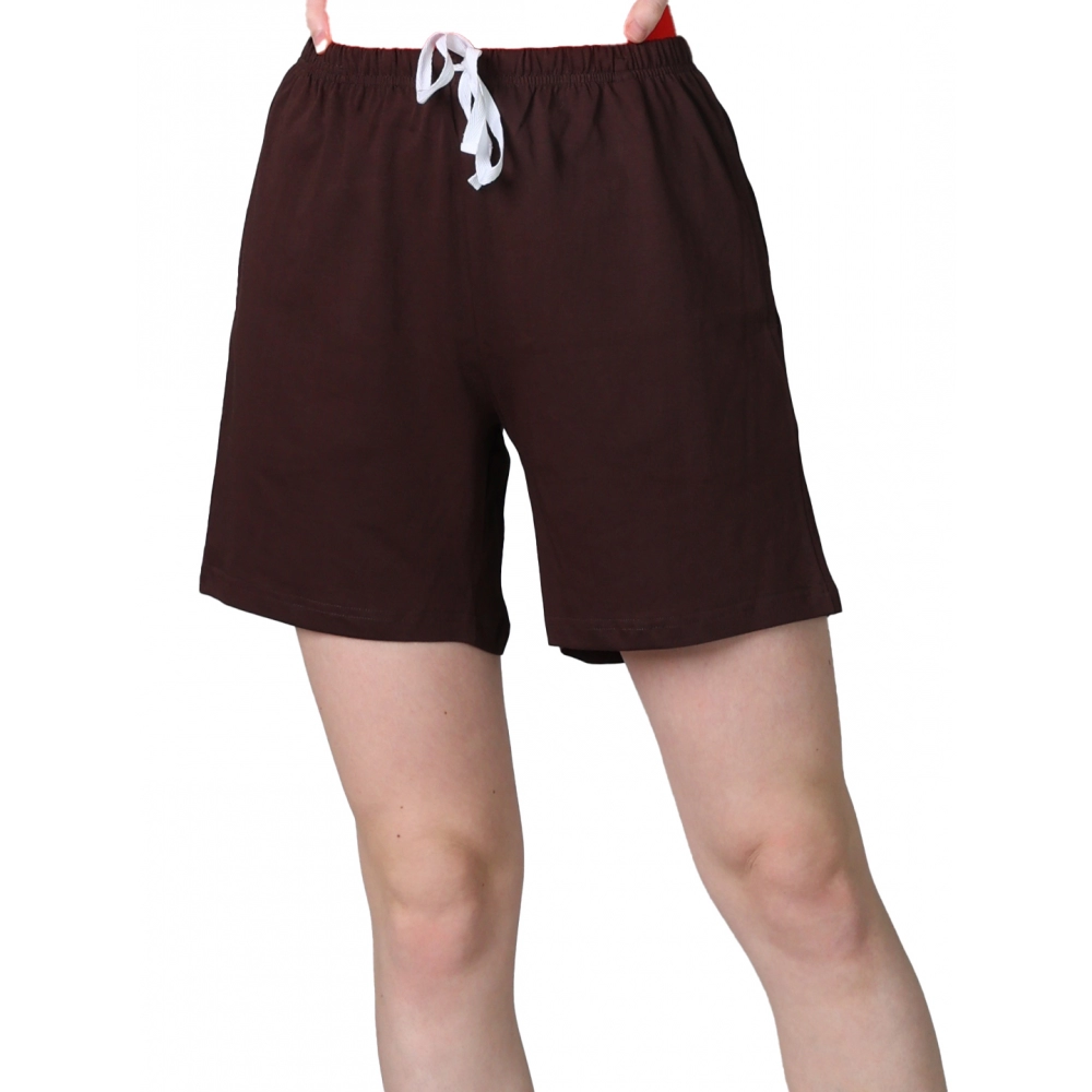 Women's Cotton Solid Above Knee Shorts (Brown)