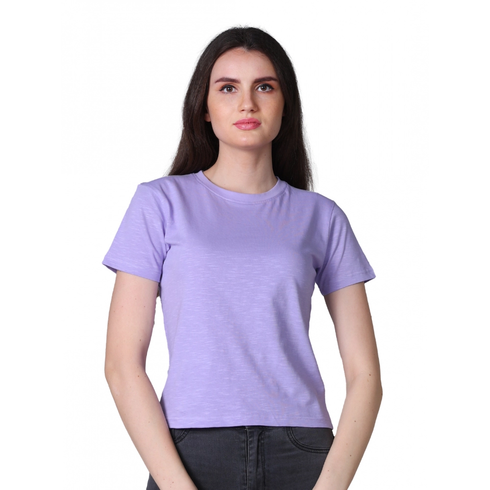 Generic Women’s Cotton Solid Closure Neck Half Sleeve T-Shirt (Lavender)