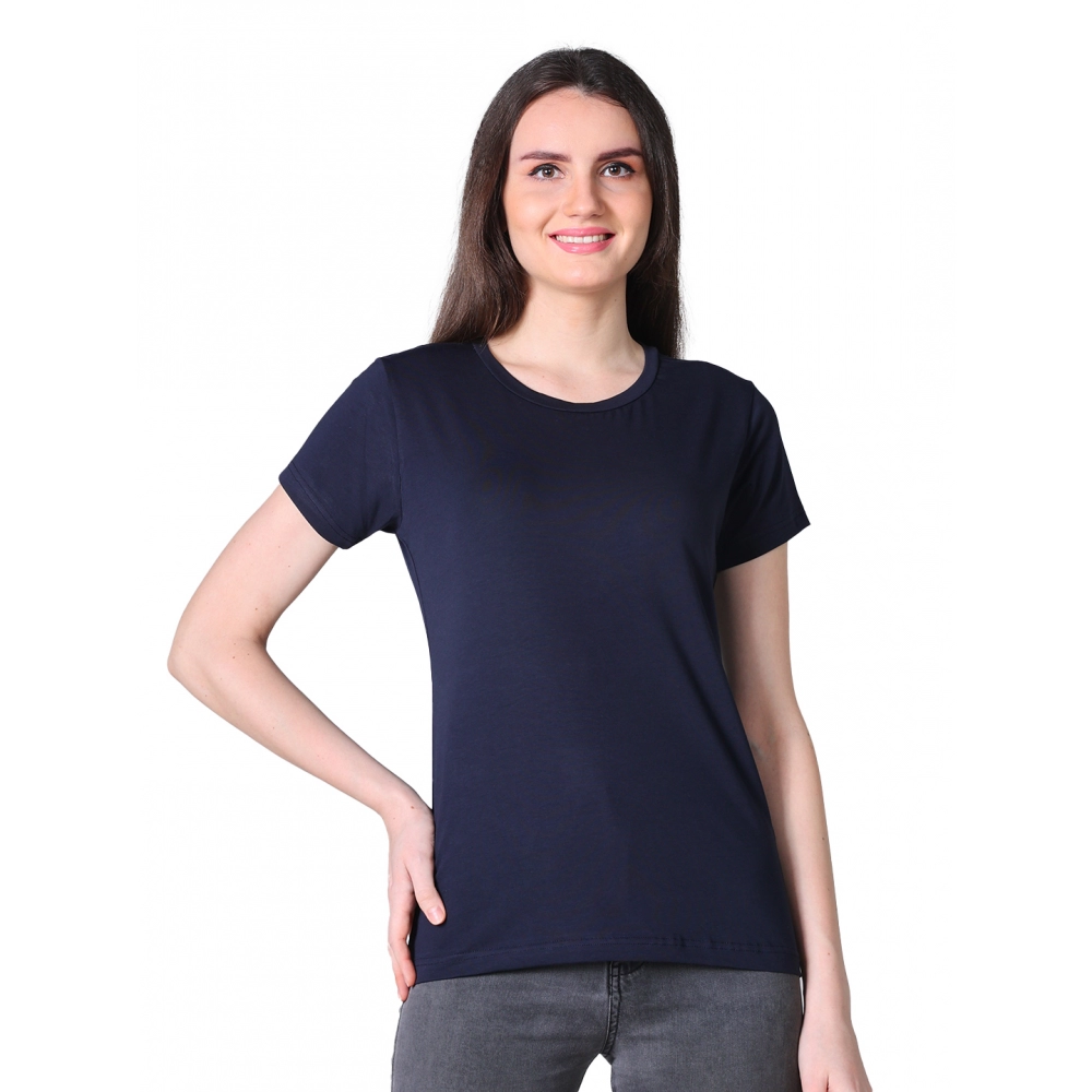 Generic Women’s Cotton Blended Solid U-Neck Half Sleeve T-Shirt (Navy)