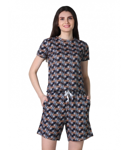 Generic Women's Cotton Blended Printed Round Neck Half Sleeve Top - Shorts Set (Blue-Brown)