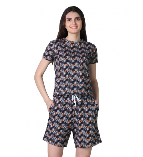 Generic Women's Cotton Blended Printed Round Neck Half Sleeve Top - Shorts Set (Blue-Brown)