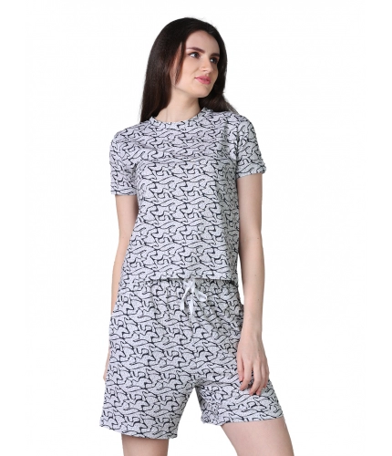 Generic Women's Cotton Blended Printed Round Neck Half Sleeve Top - Shorts Set (Off_White)