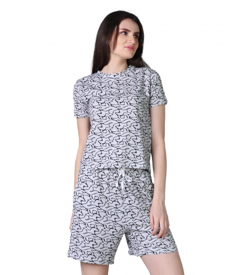 Generic Women's Cotton Blended Printed Round Neck Half Sleeve Top - Shorts Set (Off_White)