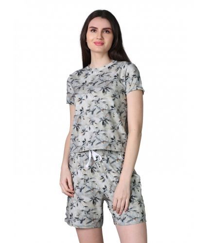 Generic Women's Cotton Blended Printed Round Neck Half Sleeve Top - Shorts Set (Grey)