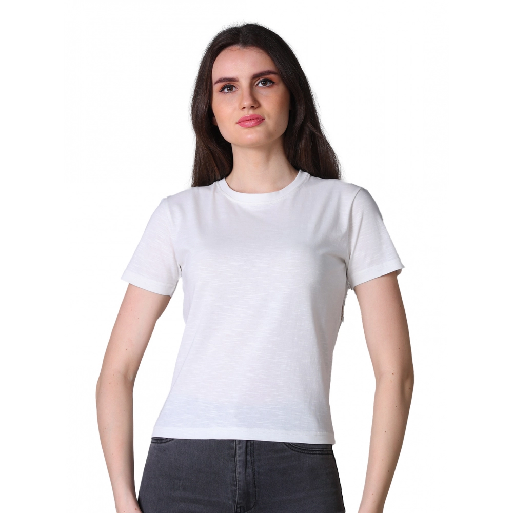 Generic Women’s Cotton Solid Closure Neck Half Sleeve T-Shirt (Off_White)