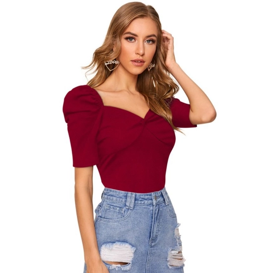 Generic Women's Polyester Solid Puff Short Sleeves Sweetheart Neck Top (Maroon)