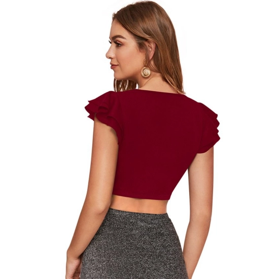Generic Women's Polyester Solid Short Sleeves V Neck Top (Maroon)