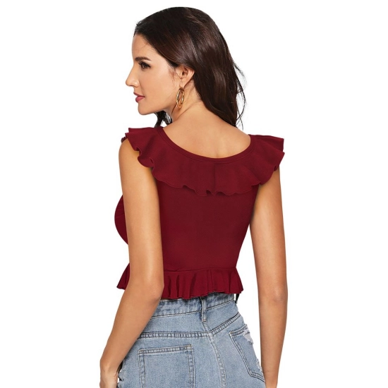 Generic Women's Polyester Solid Sleeveless Ruffle Neck Top (Maroon)