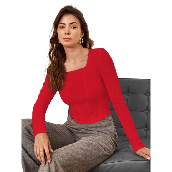 Generic Women's Polyester Solid Full Sleeves Square Neck Top (Red)