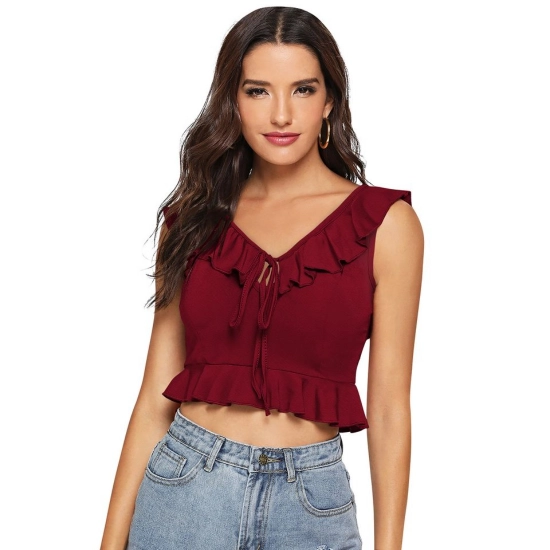 Generic Women's Polyester Solid Sleeveless Ruffle Neck Top (Maroon)