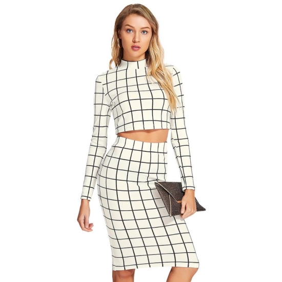 Generic Women's Polyester Checkered Full Sleeves Stand Collar Crop Top Skirt Set (White) Generic Women's Polyester Checkered Full Sleeves Stand Collar Crop Top Skirt Set (White)
