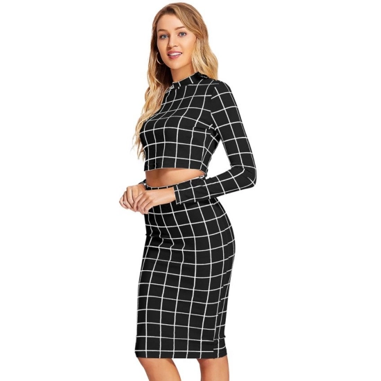 Generic Women's Polyester Checkered Full Sleeves Stand Collar Crop Top Skirt Set (Black) Generic Women's Polyester Checkered Full Sleeves Stand Collar Crop Top Skirt Set (Black)