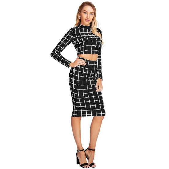 Generic Women's Polyester Checkered Full Sleeves Stand Collar Crop Top Skirt Set (Black) Generic Women's Polyester Checkered Full Sleeves Stand Collar Crop Top Skirt Set (Black)