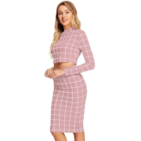 Generic Women's Polyester Checkered Full Sleeves Stand Collar Crop Top Skirt Set (Pink)