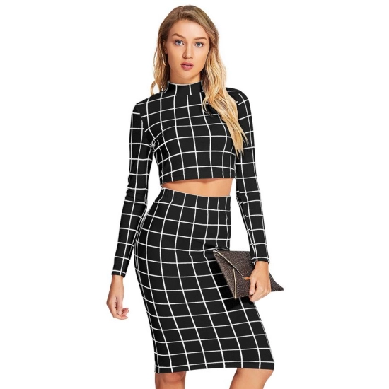 Generic Women's Polyester Checkered Full Sleeves Stand Collar Crop Top Skirt Set (Black) Generic Women's Polyester Checkered Full Sleeves Stand Collar Crop Top Skirt Set (Black)