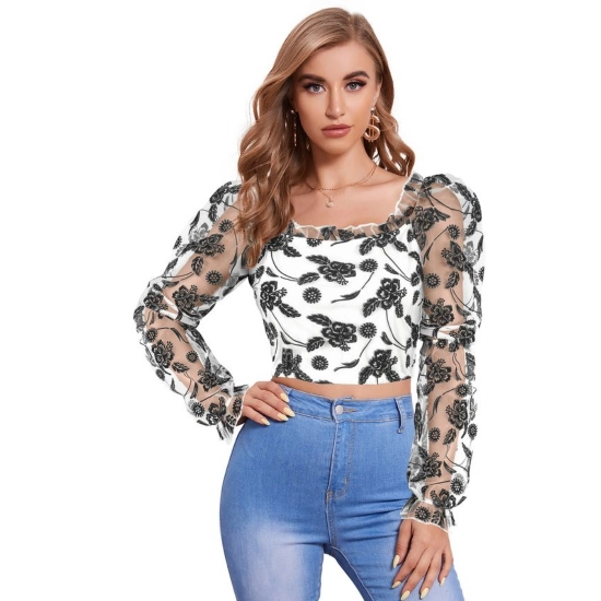 Generic Women's Polyester Solid Full Sleeves Square Collar Top (White)