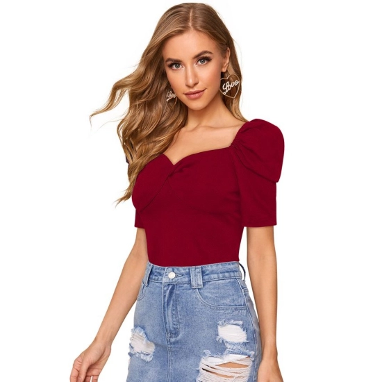 Generic Women's Polyester Solid Puff Short Sleeves Sweetheart Neck Top (Maroon)