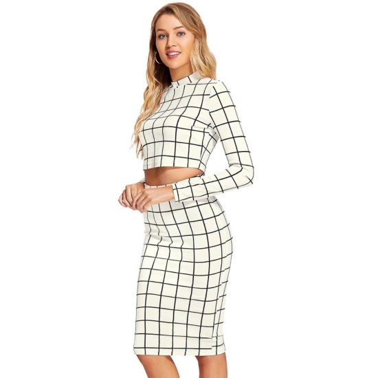 Generic Women's Polyester Checkered Full Sleeves Stand Collar Crop Top Skirt Set (White) Generic Women's Polyester Checkered Full Sleeves Stand Collar Crop Top Skirt Set (White)