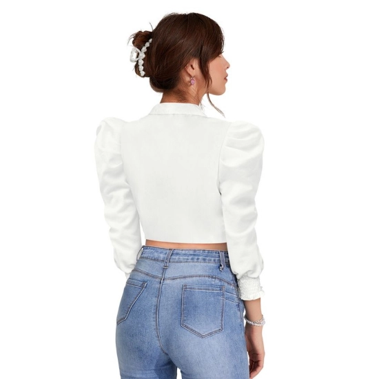 Generic Women's Polyester Solid Puff Sleeves Lapel Collar Top (White)