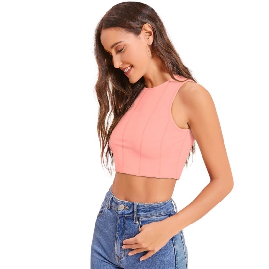 Generic Women's Polyester Solid Sleeveless Round Neck Top (Peach)